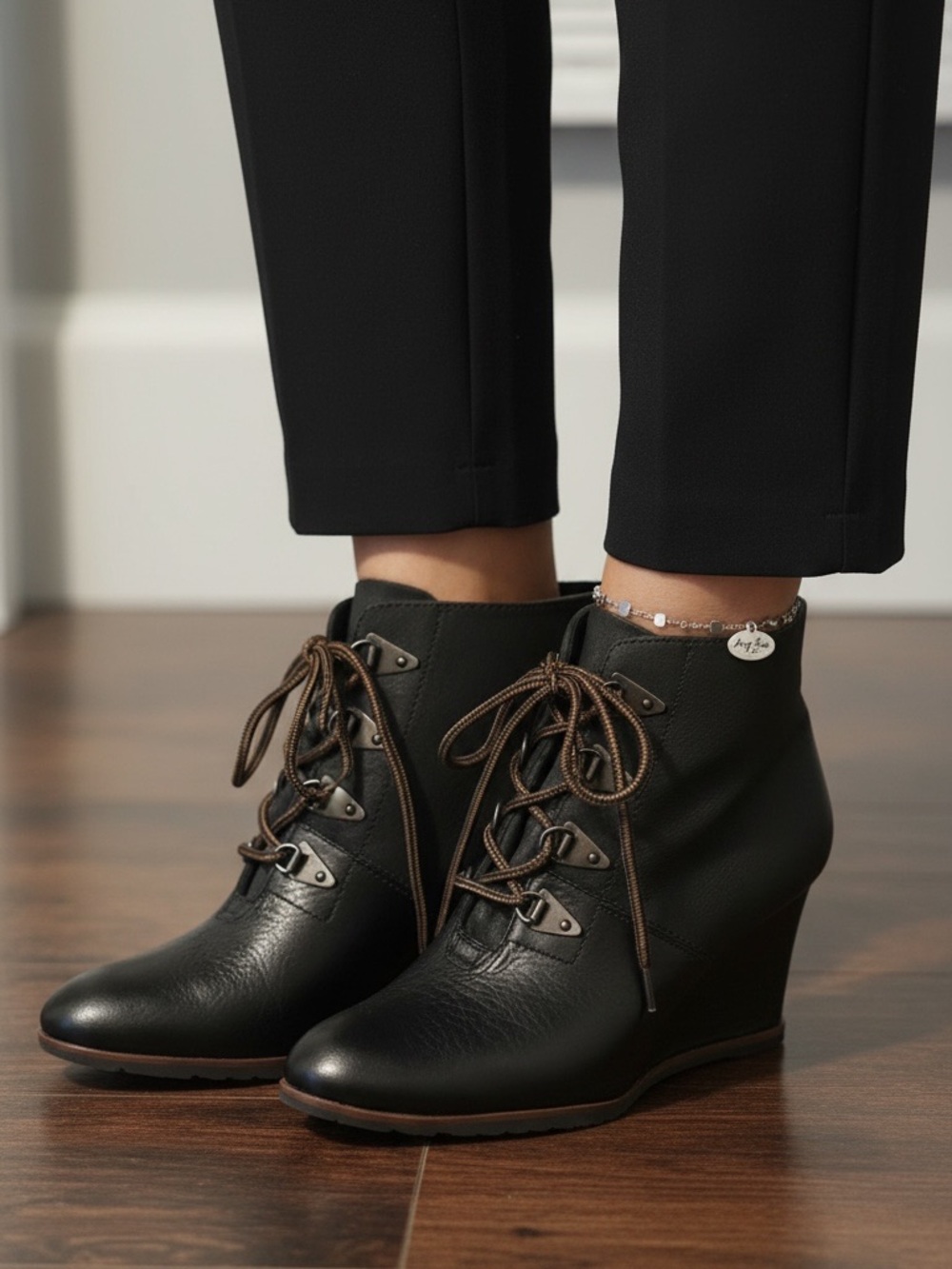 Franco Sarto Women's Black Lace-Up Wedge Weston Ankle Boots.